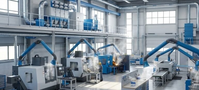 Industrial dust control system for capturing fumes and dust in manufacturing and processing industries