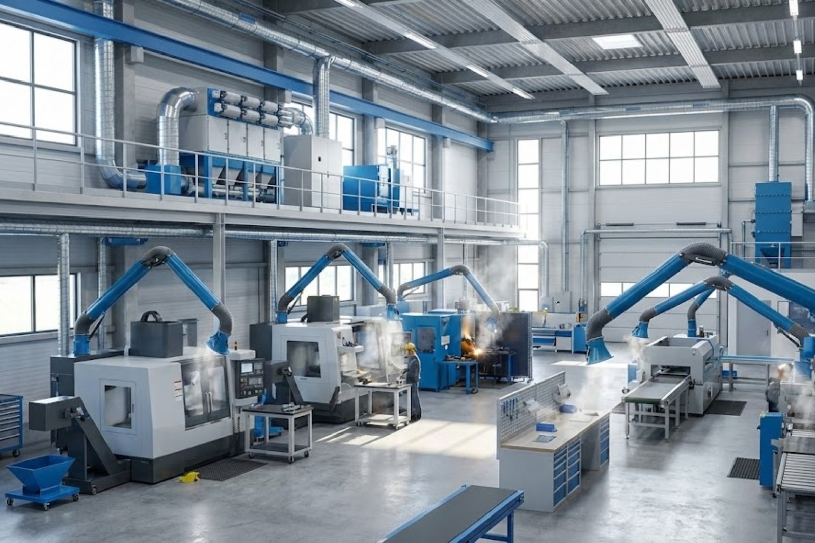 Industrial dust control system for capturing fumes and dust in manufacturing and processing industries