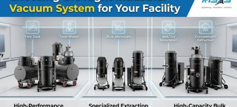 Industrial vacuum system cleaning dust and debris in a manufacturing facility to improve workplace safety and efficiency