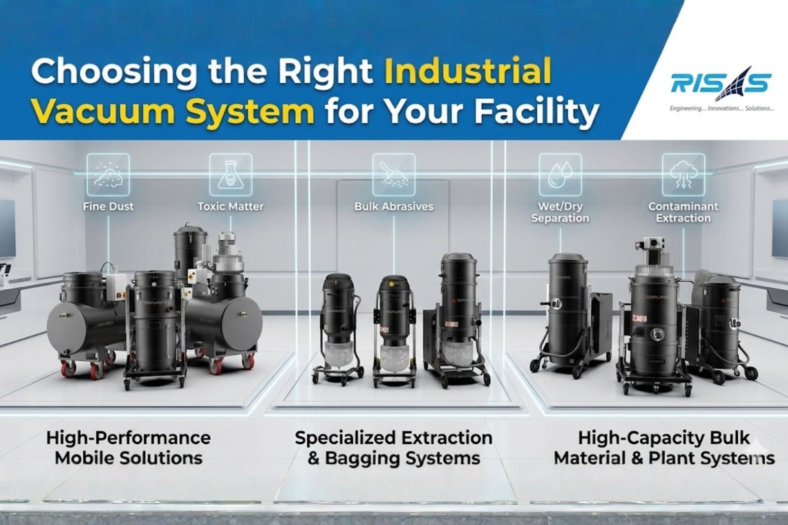 Industrial vacuum system cleaning dust and debris in a manufacturing facility to improve workplace safety and efficiency