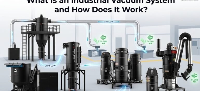 Industrial vacuum system removing dust and debris in a manufacturing facility for safe and efficient industrial cleaning