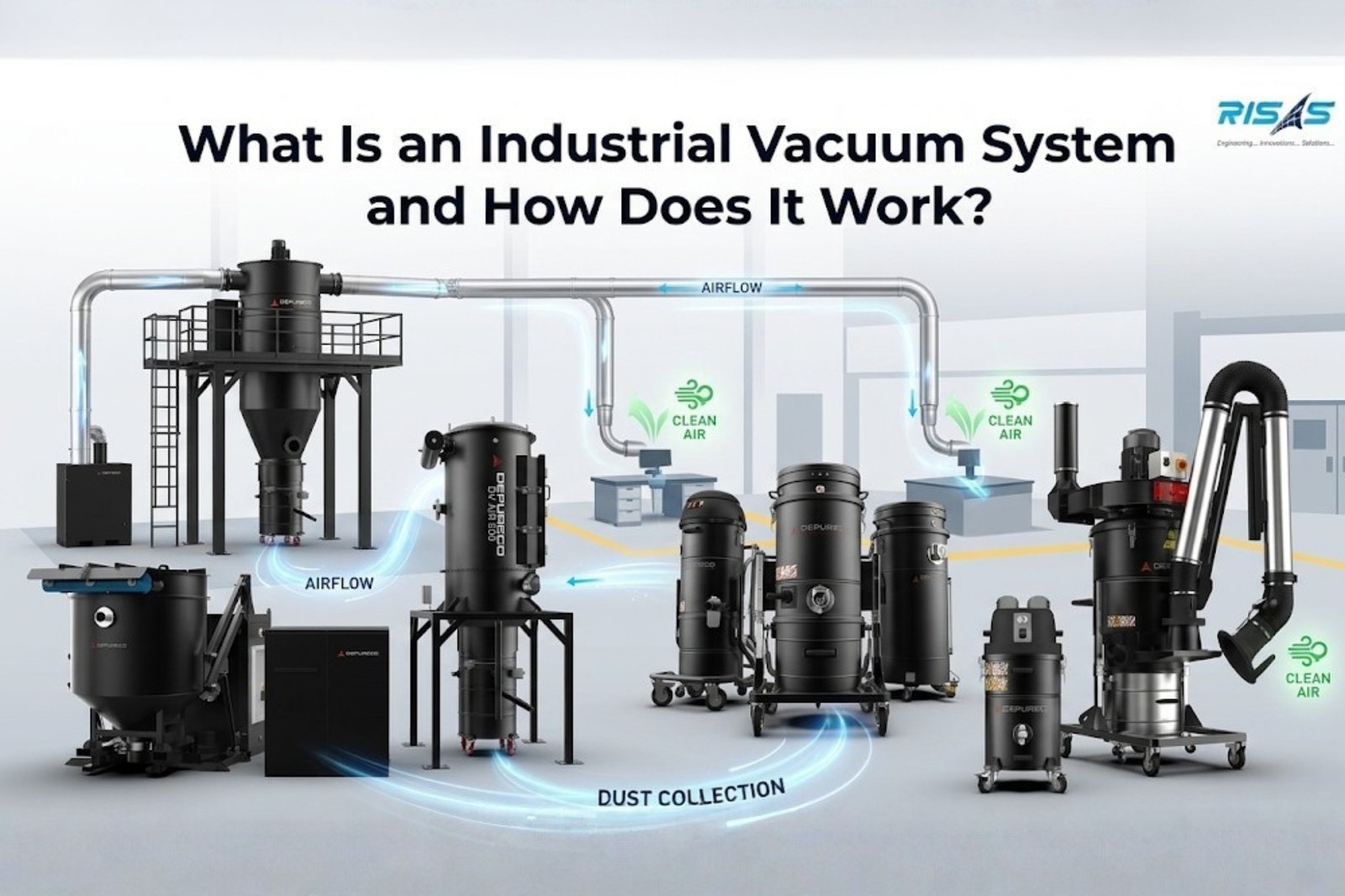 Industrial vacuum system removing dust and debris in a manufacturing facility for safe and efficient industrial cleaning