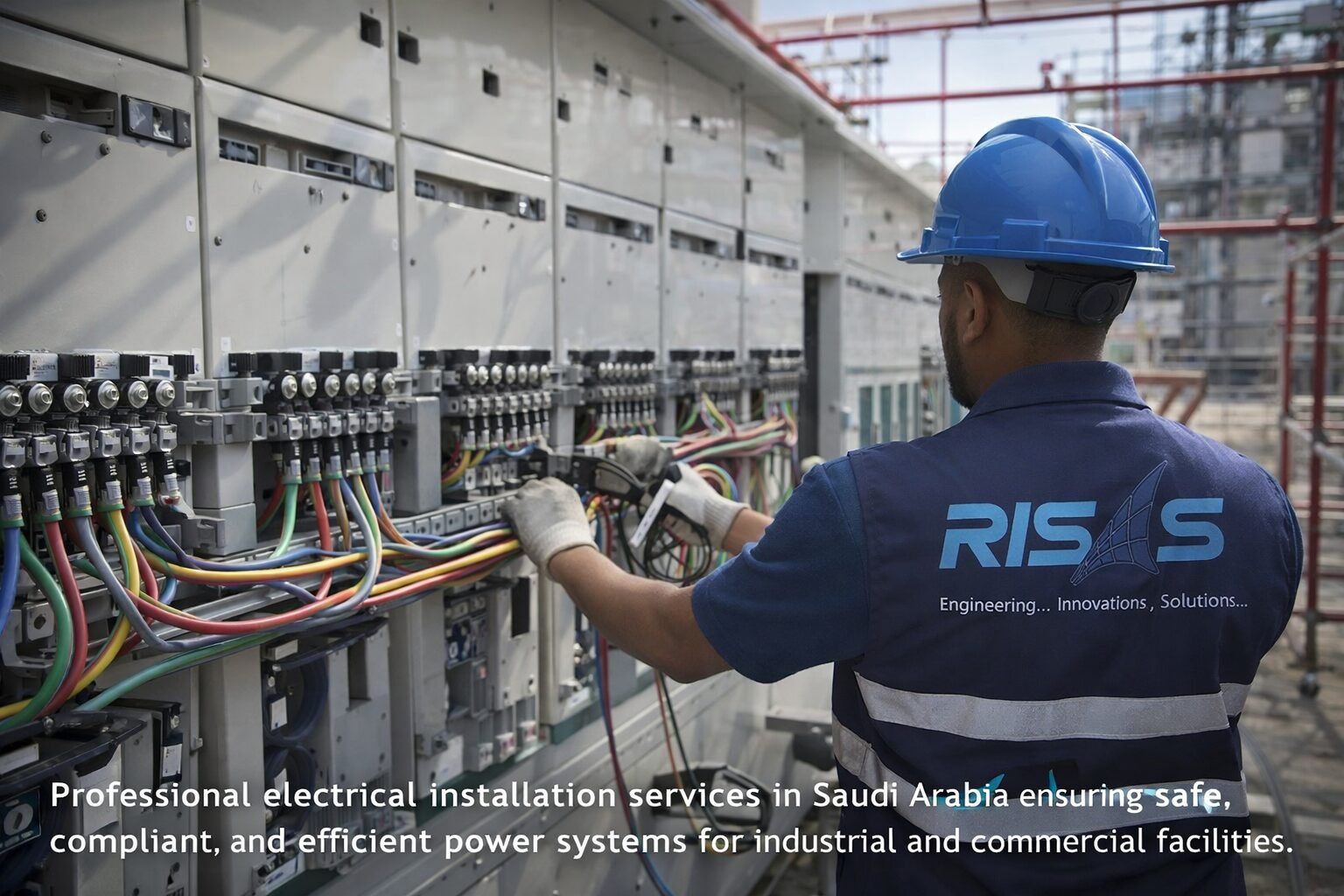 RISAS engineer performing electrical installation and cable connections in industrial facility in Saudi Arabia