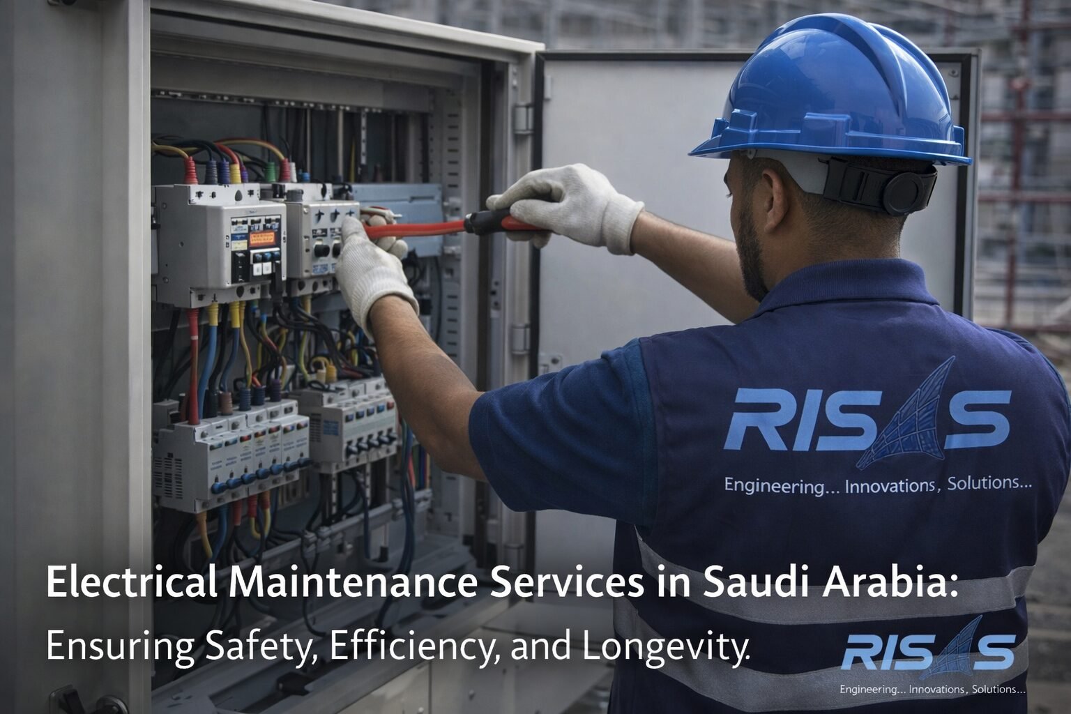 RISAS engineer performing electrical maintenance and panel inspection in industrial facility in Saudi Arabia