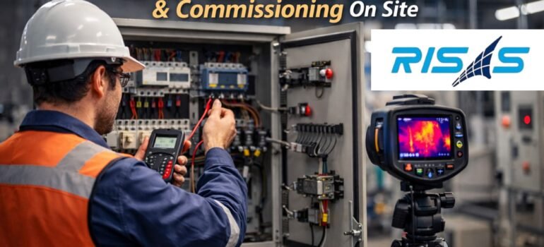 Electrical engineer performing testing and commissioning of industrial electrical systems using multimeter and thermal imaging in a facility