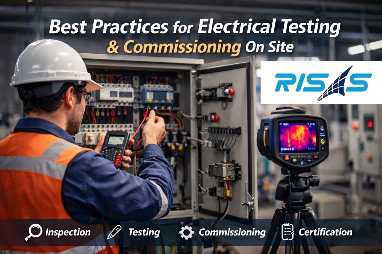 Electrical engineer performing testing and commissioning of industrial electrical systems using multimeter and thermal imaging in a facility