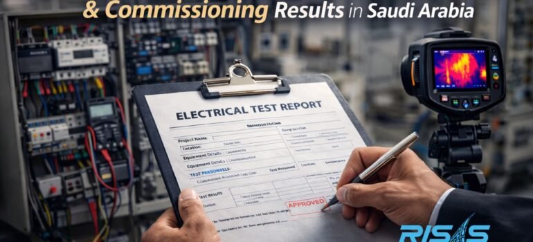 Electrical engineer documenting and approving testing and commissioning results using report and thermal inspection in an industrial facility