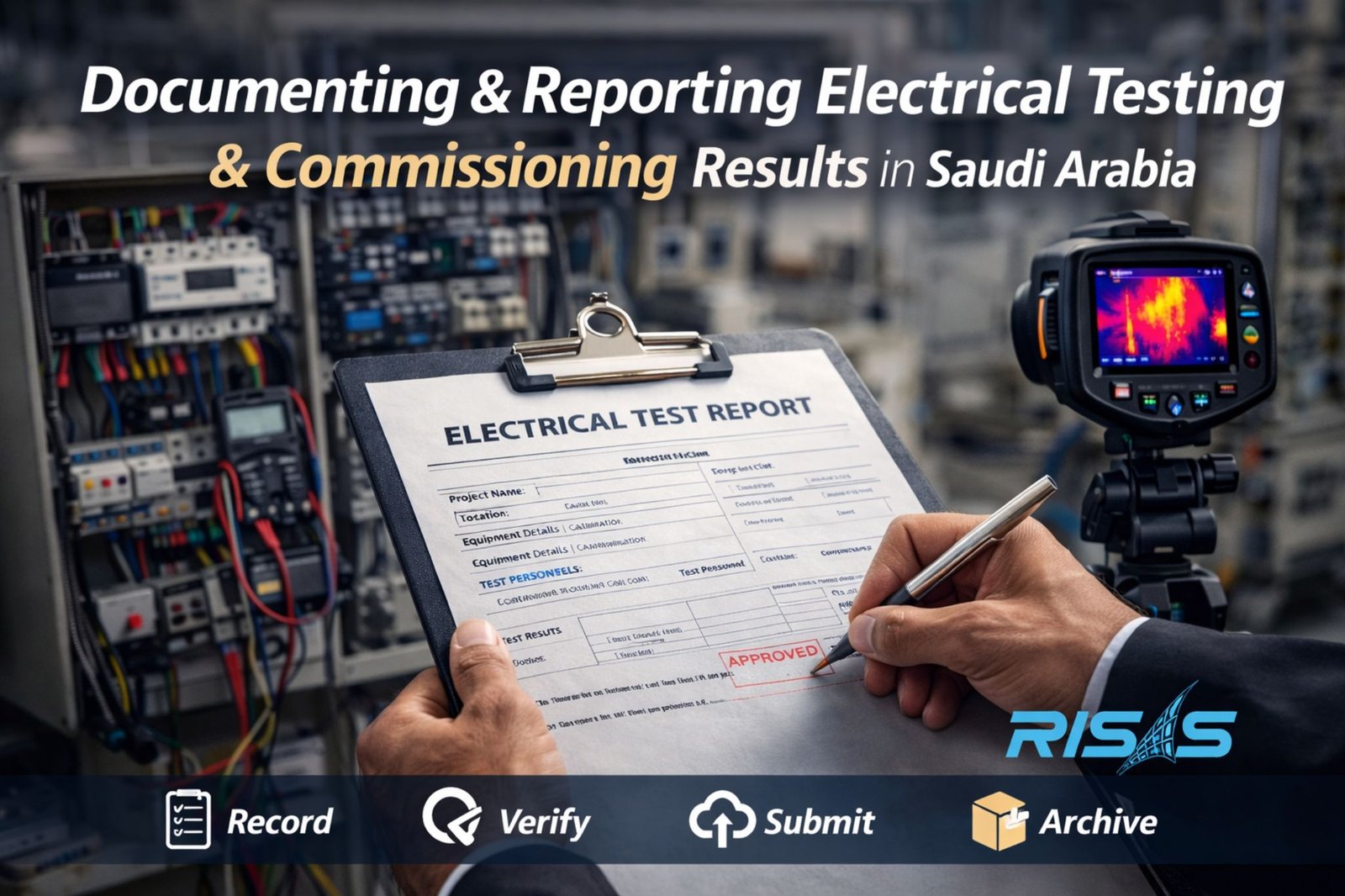 Electrical engineer documenting and approving testing and commissioning results using report and thermal inspection in an industrial facility