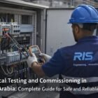 RISAS engineer performing electrical testing and commissioning using multimeter in industrial facility in Saudi Arabia