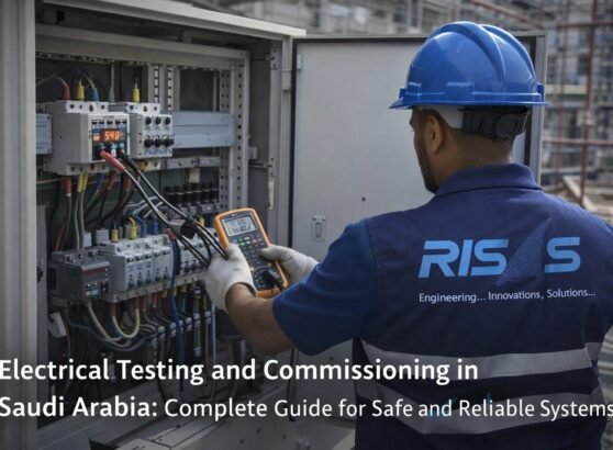 RISAS engineer performing electrical testing and commissioning using multimeter in industrial facility in Saudi Arabia