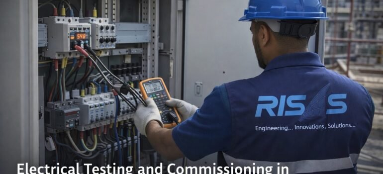 RISAS engineer performing electrical testing and commissioning using multimeter in industrial facility in Saudi Arabia
