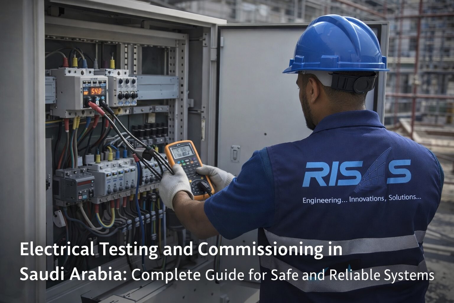 RISAS engineer performing electrical testing and commissioning using multimeter in industrial facility in Saudi Arabia