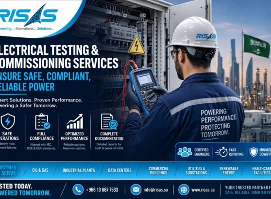 Engineer performing electrical testing and commissioning using multimeter in industrial facility in Saudi Arabia with RISAS branding