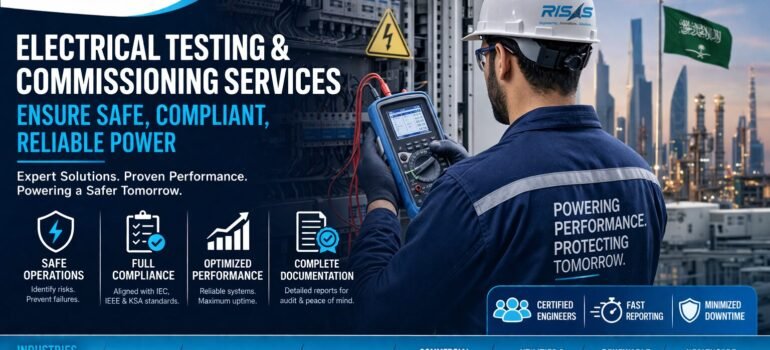 Engineer performing electrical testing and commissioning using multimeter in industrial facility in Saudi Arabia with RISAS branding