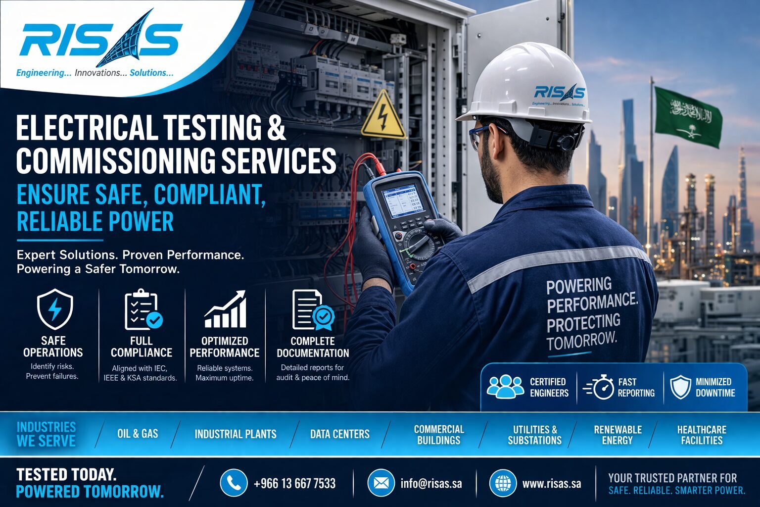 Engineer performing electrical testing and commissioning using multimeter in industrial facility in Saudi Arabia with RISAS branding