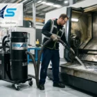 RISAS industrial oil and chip vacuum cleaner filtering coolant and metal chips from a CNC machine tank