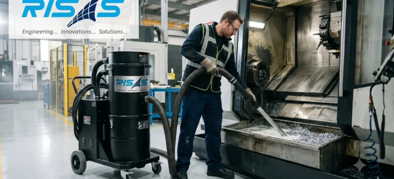 RISAS industrial oil and chip vacuum cleaner filtering coolant and metal chips from a CNC machine tank