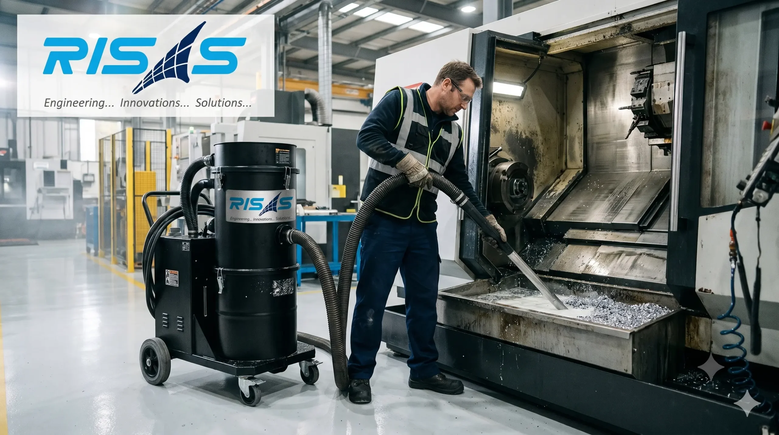 RISAS industrial oil and chip vacuum cleaner filtering coolant and metal chips from a CNC machine tank